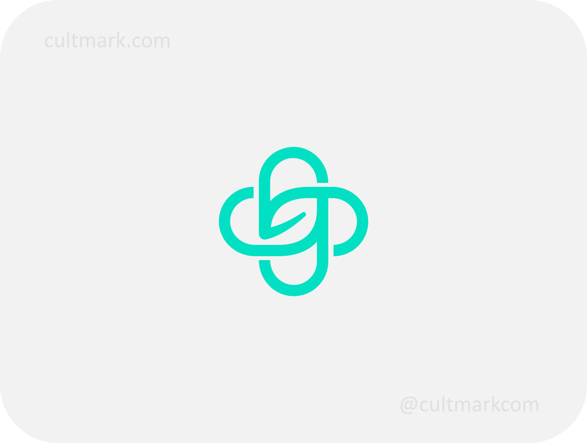 Cultmark minimalist teal medical cross logo with a leaf inside, interlaced infinity knot icon for natural healthcare and holistic wellness branding.