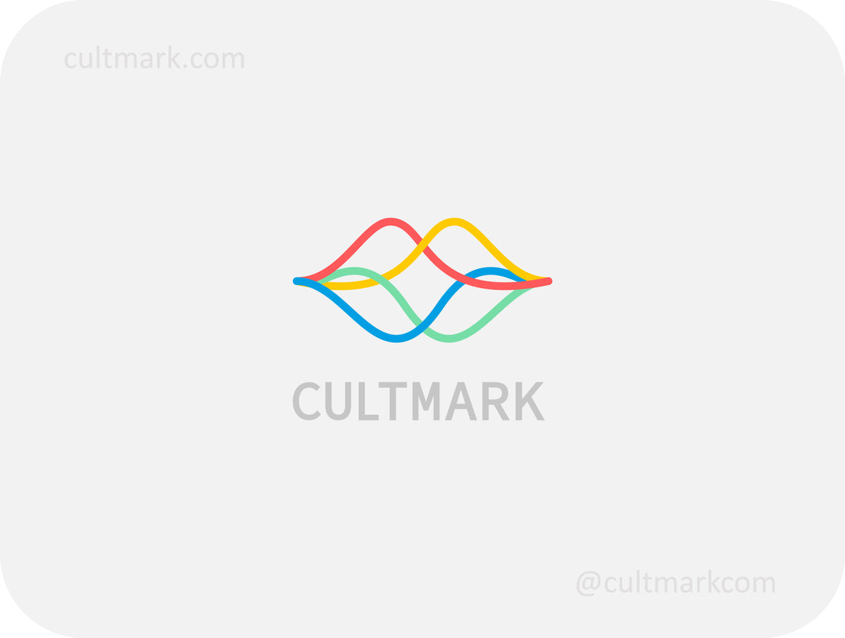 Cultmark Lips Wave logo design, colorful abstract intertwined waves forming a lips symbol for audio, podcast, communication, or beauty business identity on light background.