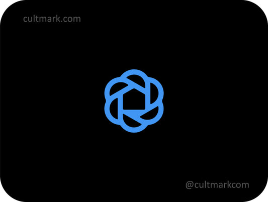 Cultmark blue geometric house logo with eight petals in a circular line art style, professional vector branding for real estate, eco-business and architectural branding.