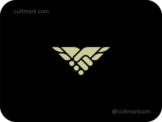 Cultmark trusted handshake wings logo, professional monochrome icon for partnership, legal trust, and secure business collaboration.