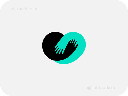 Cultmark modern heart logo design with two hands hugging, black and teal minimalist icon for mental health, community support, and wellness branding.