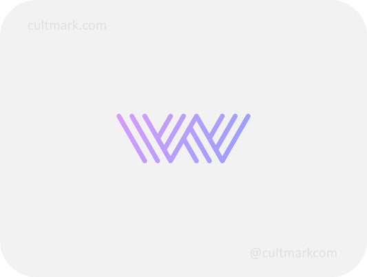 Cultmark Monogram W logo design, minimalist purple and blue gradient W initial with parallel lines for tech business identity on light background.