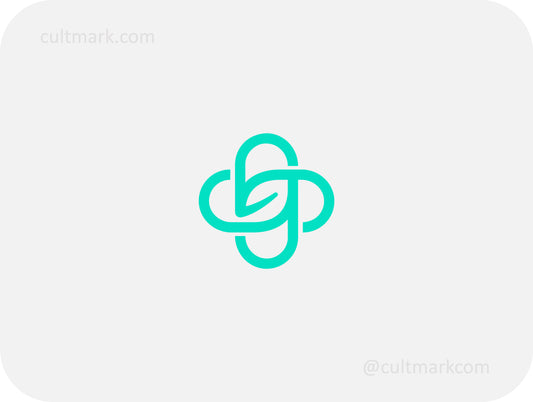 Cultmark minimalist teal medical cross logo with a leaf inside, interlaced infinity knot icon for natural healthcare and holistic wellness branding.