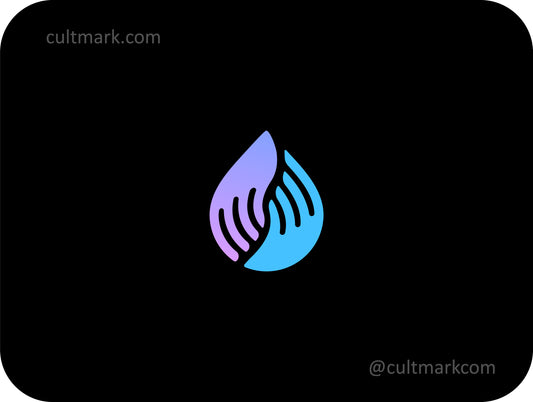 Cultmark minimalist logo of two hands forming a water drop in purple and blue, professional icon for eco-friendly branding, skincare, and water purification services.