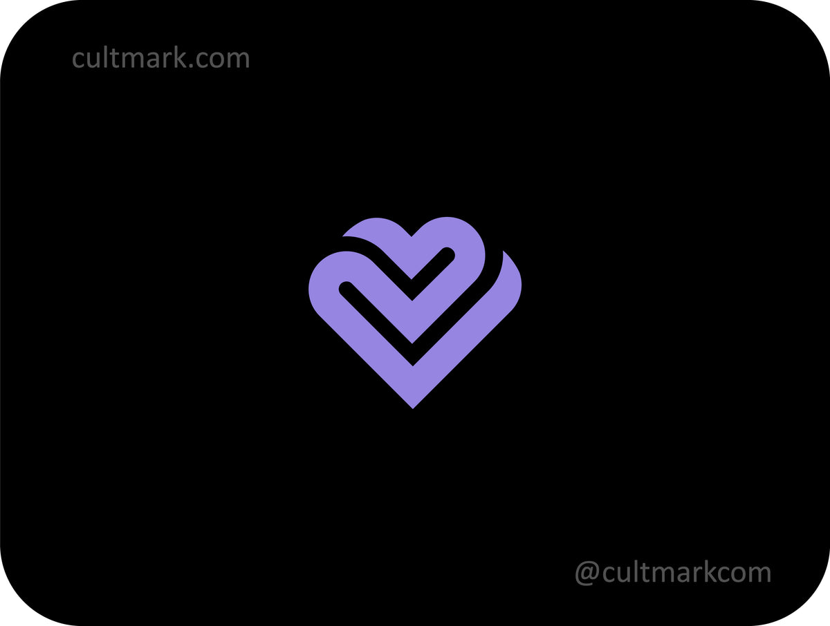 Cultmark minimalist violet heart logo with interlaced lines, professional infinity heart icon for lifestyle, wellness, and beauty branding.