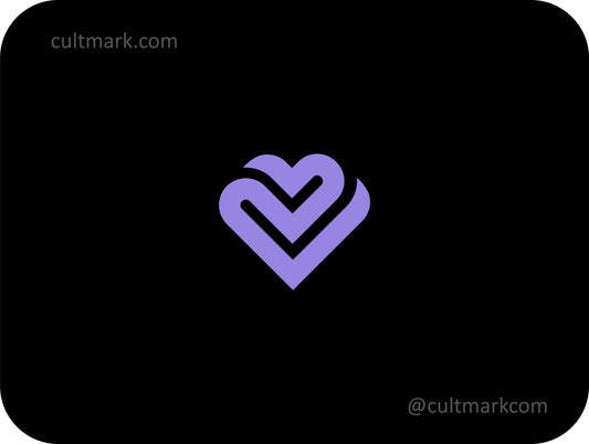 Cultmark minimalist violet heart logo with interlaced lines, professional infinity heart icon for lifestyle, wellness, and beauty branding.