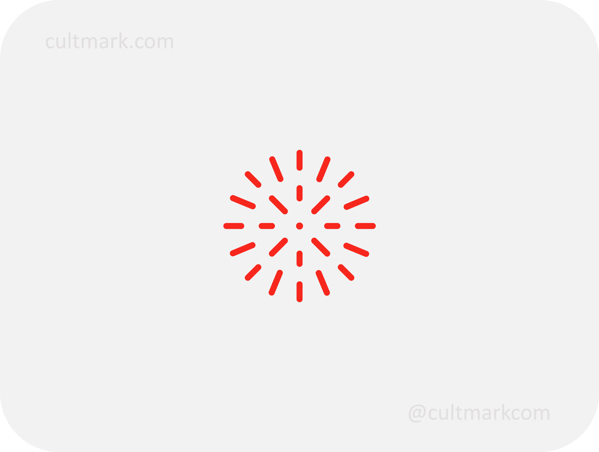Cultmark minimalist red firework sun logo burst, professional dynamic icon for creative agencies, tech startups, and event planners branding.