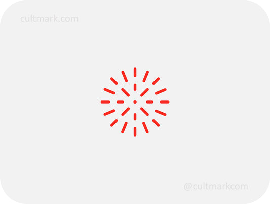 Cultmark minimalist red firework sun logo burst, professional dynamic icon for creative agencies, tech startups, and event planners branding.