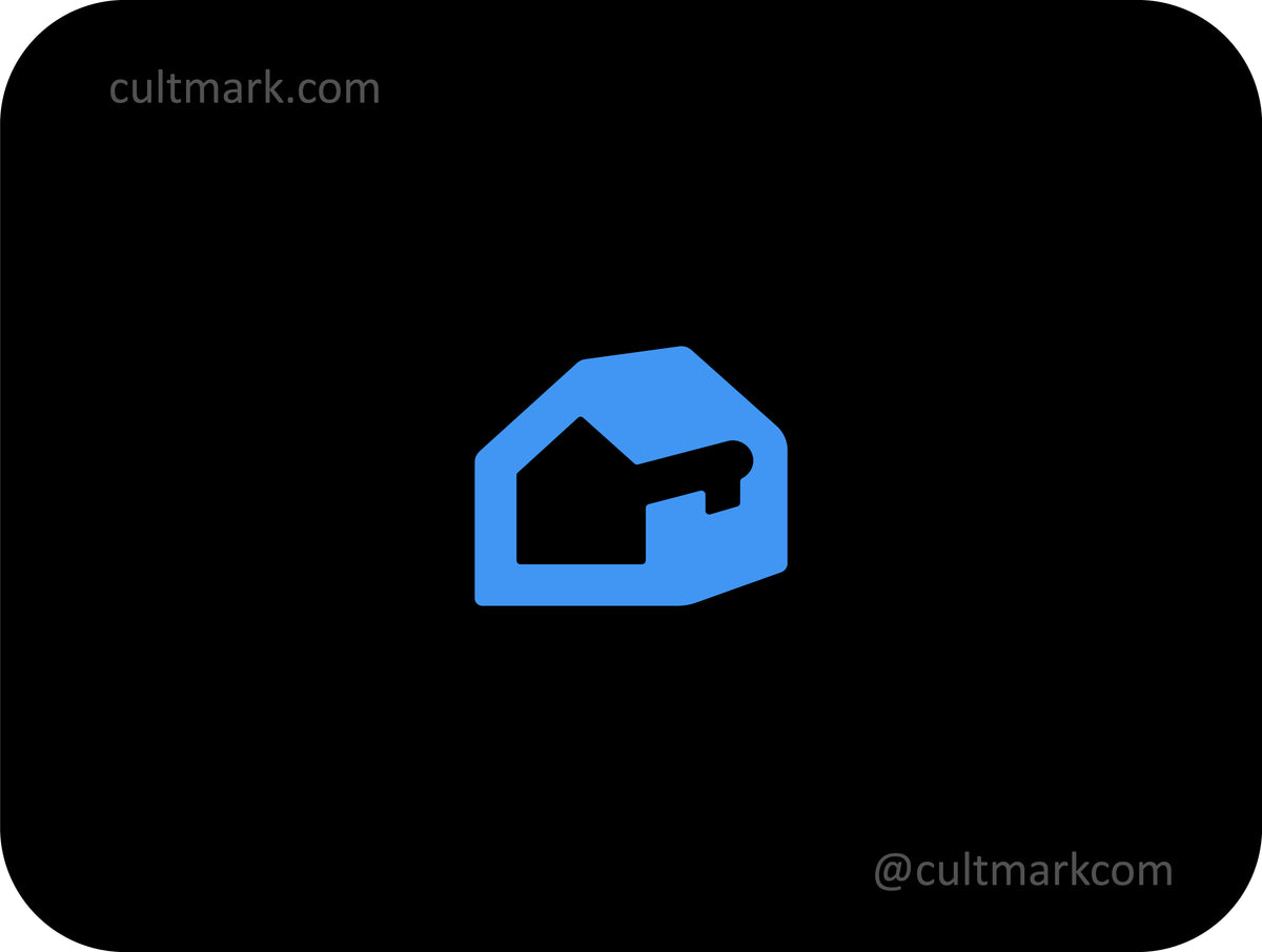 Cultmark Home Key logo design, minimalist blue house and key negative space symbol for real estate or security business identity on black background.
