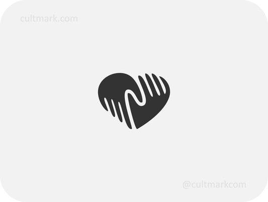 Cultmark minimalist black and white logo design combining a heart shape and two cupped hands, ideal for non-profits, healthcare, and community support organizations.