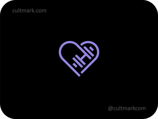 Cultmark cardio fitness heart logo, purple dumbbell icon for health tracking apps and medical fitness branding.