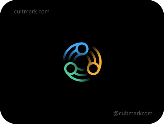 Cultmark minimalist atomic vortex logo design, white, blue, orange, and green orbital flow on black background for tech or science startup.