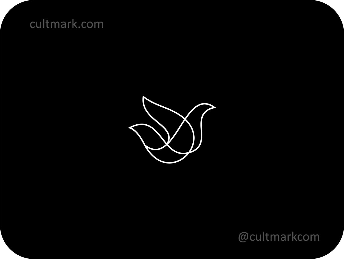 Cultmark elegant line art bird logo design, minimalist continuous white line avian symbol for premium business identity on black background.