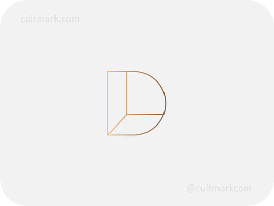 Cultmark geometric D letter logo, minimalist gold line monogram for architecture, interior design, and luxury business branding.
