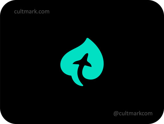 Cultmark modern eco travel logo design with a plane silhouette in negative space of a green leaf, ideal for sustainable tourism and aviation startups.