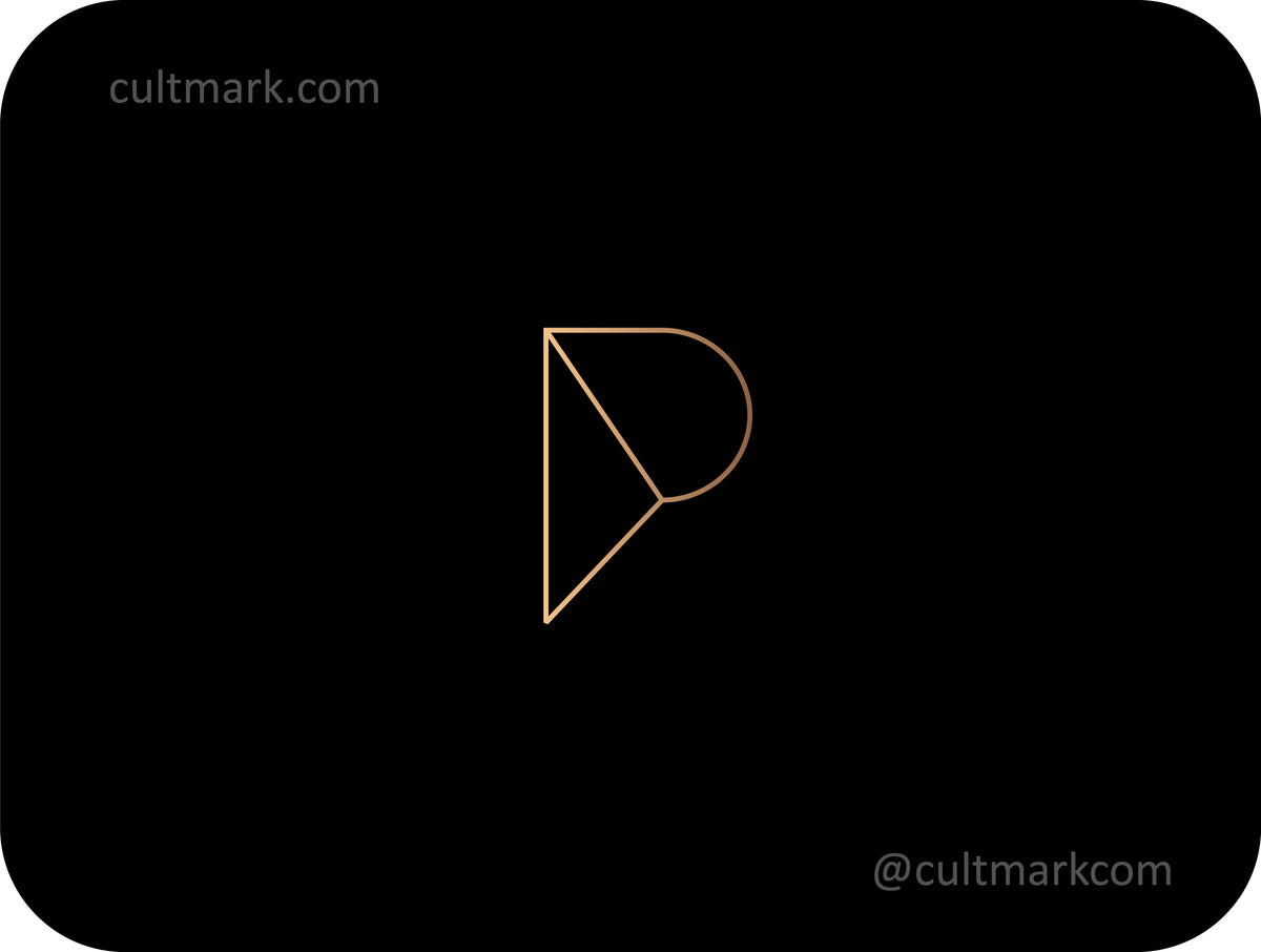 Cultmark graceful golden letter P logo design, elegant and geometric gold line art P initial for luxury business identity on black background.