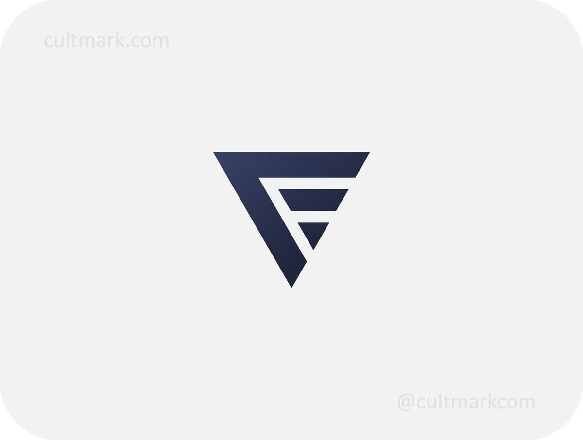 Cultmark geometric letter F logo design, sleek dark blue triangle F initial for tech business identity on light background.