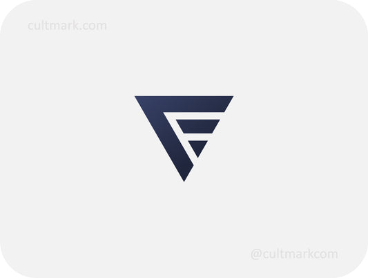 Cultmark geometric letter F logo design, sleek dark blue triangle F initial for tech business identity on light background.