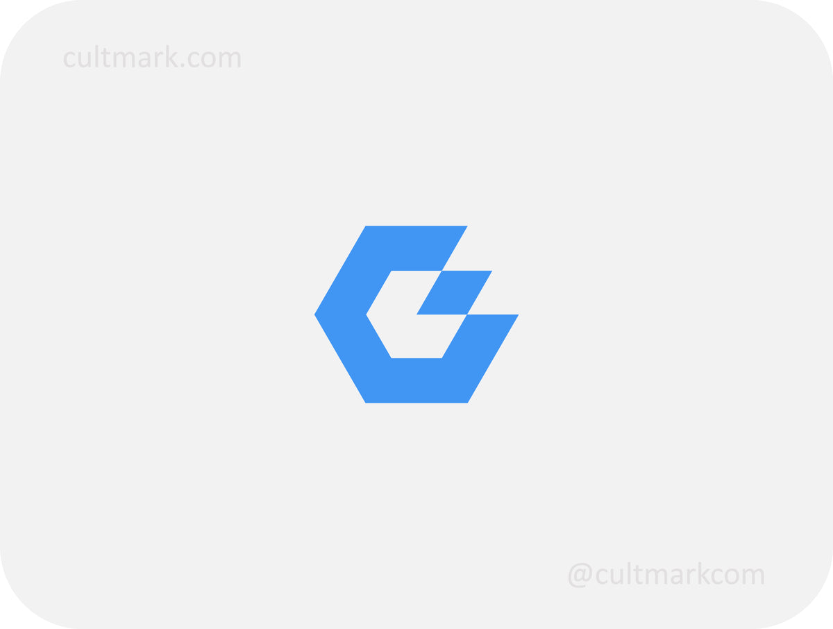 Cultmark geometric letter G logo design, sleek blue hexagonal G initial for tech and blockchain business identity on light background.