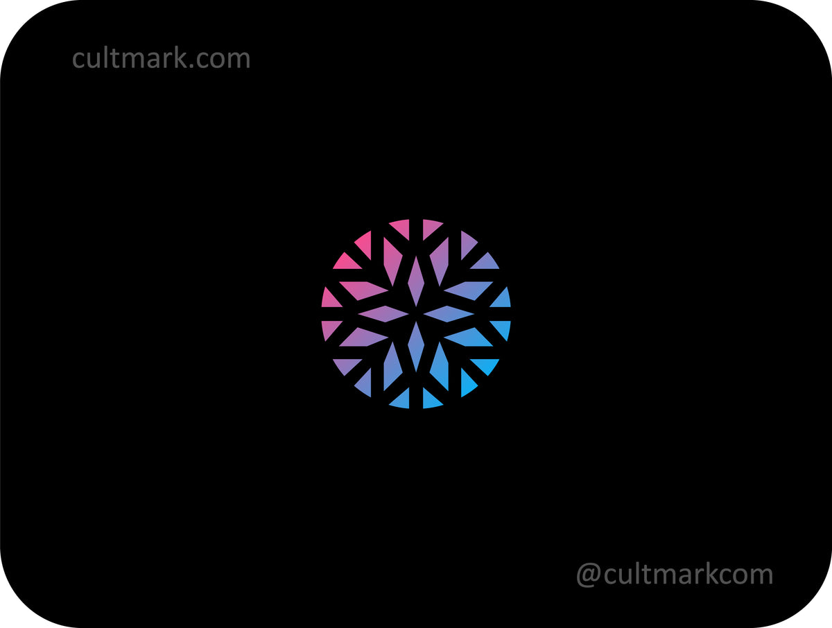 Cultmark diamond flower logo design, geometric crystalline floral symbol with pink and blue gradient for luxury business identity on black background.