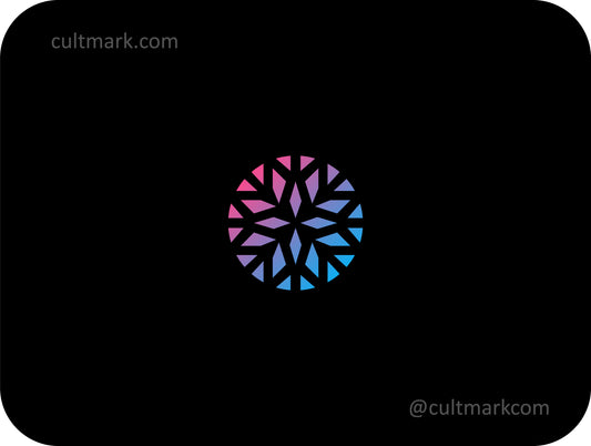Cultmark diamond flower logo design, geometric crystalline floral symbol with pink and blue gradient for luxury business identity on black background.