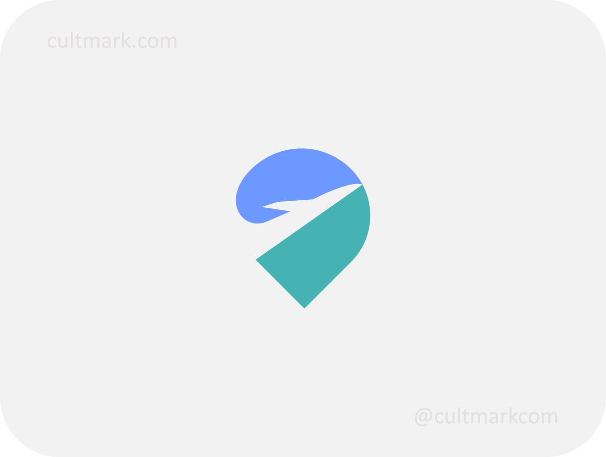 Cultmark FlyPoint logo design, negative space airplane within a location icon for tourism or flight booking business identity on light background.