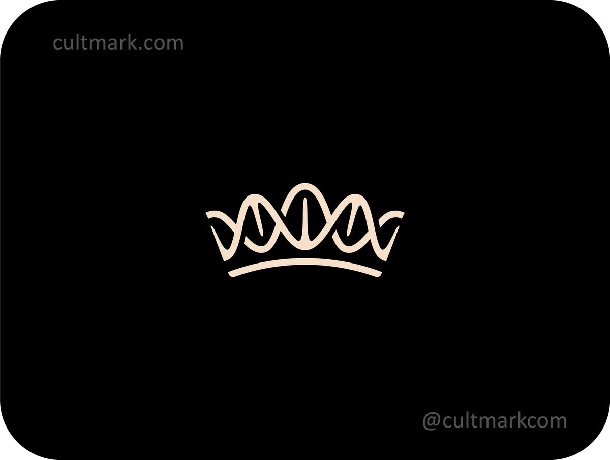 Cultmark Genom King monogram design, minimalist blue crown and DNA helix symbol for medical, biotech, or genetic research business identity on light background.