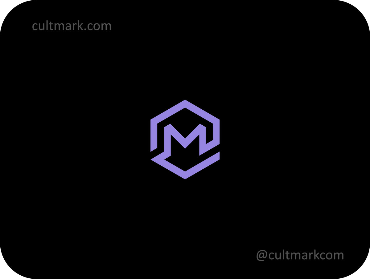 Cultmark geometric letter M logo design, minimalist lavender hexagonal M initial for tech and software business identity on black background.