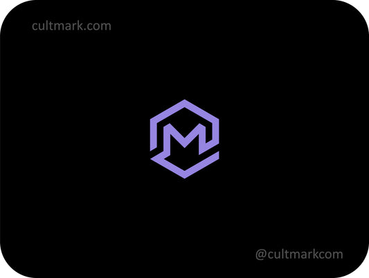 Cultmark geometric letter M logo design, minimalist lavender hexagonal M initial for tech and software business identity on black background.