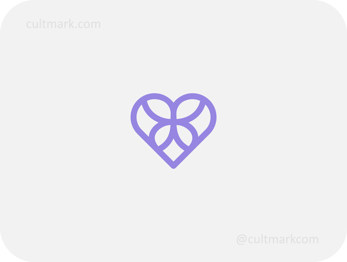 Cultmark Flutter Heart monogram design, minimalist purple butterfly and heart symbol for luxury beauty or wellness business identity on light background.