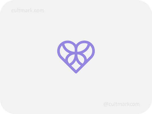 Cultmark Flutter Heart monogram design, minimalist purple butterfly and heart symbol for luxury beauty or wellness business identity on light background.