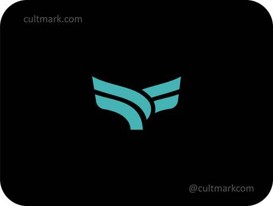 Cultmark Strong Horns and Bird Wings monogram design, minimalist teal bird and horn symbol for aviation, global logistics, or cargo transport business identity on black background.