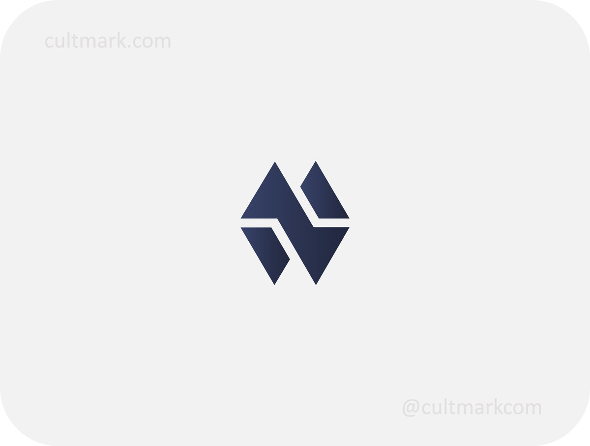 Cultmark Mountain Peak Monogram M logo design, minimalist dark navy blue geometric letter M and mountains symbol for finance or architect business identity on light background.
