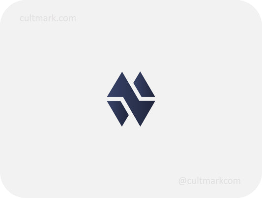 Cultmark Mountain Peak Monogram M logo design, minimalist dark navy blue geometric letter M and mountains symbol for finance or architect business identity on light background.