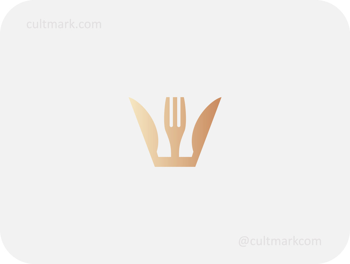 Cultmark Gastro King logo design, minimalist golden cutlery crown with fork and knives for premium restaurant or food business identity on light background.