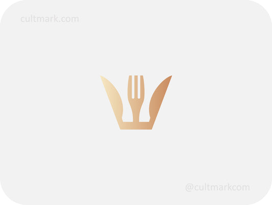 Cultmark Gastro King logo design, minimalist golden cutlery crown with fork and knives for premium restaurant or food business identity on light background.