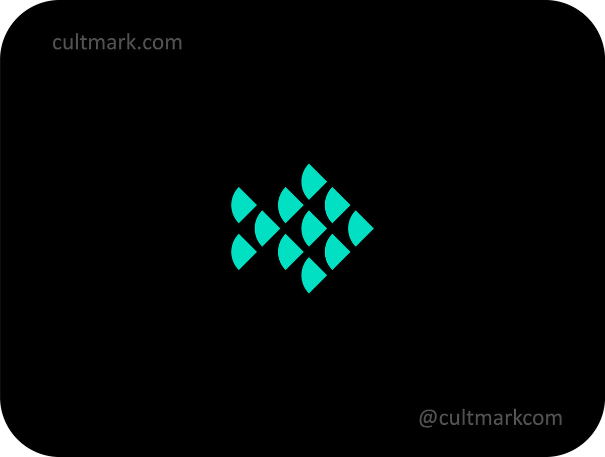 Cultmark Geometric Fish logo design, minimalist teal abstract fish symbol for technology or seafood business identity on black background.
