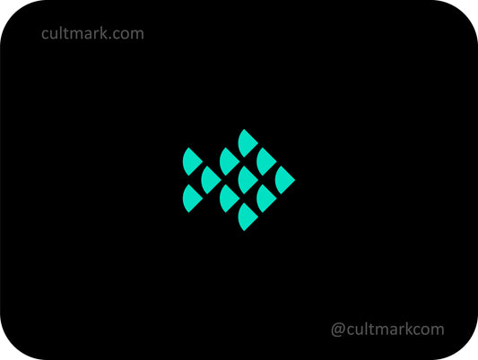 Cultmark Geometric Fish logo design, minimalist teal abstract fish symbol for technology or seafood business identity on black background.