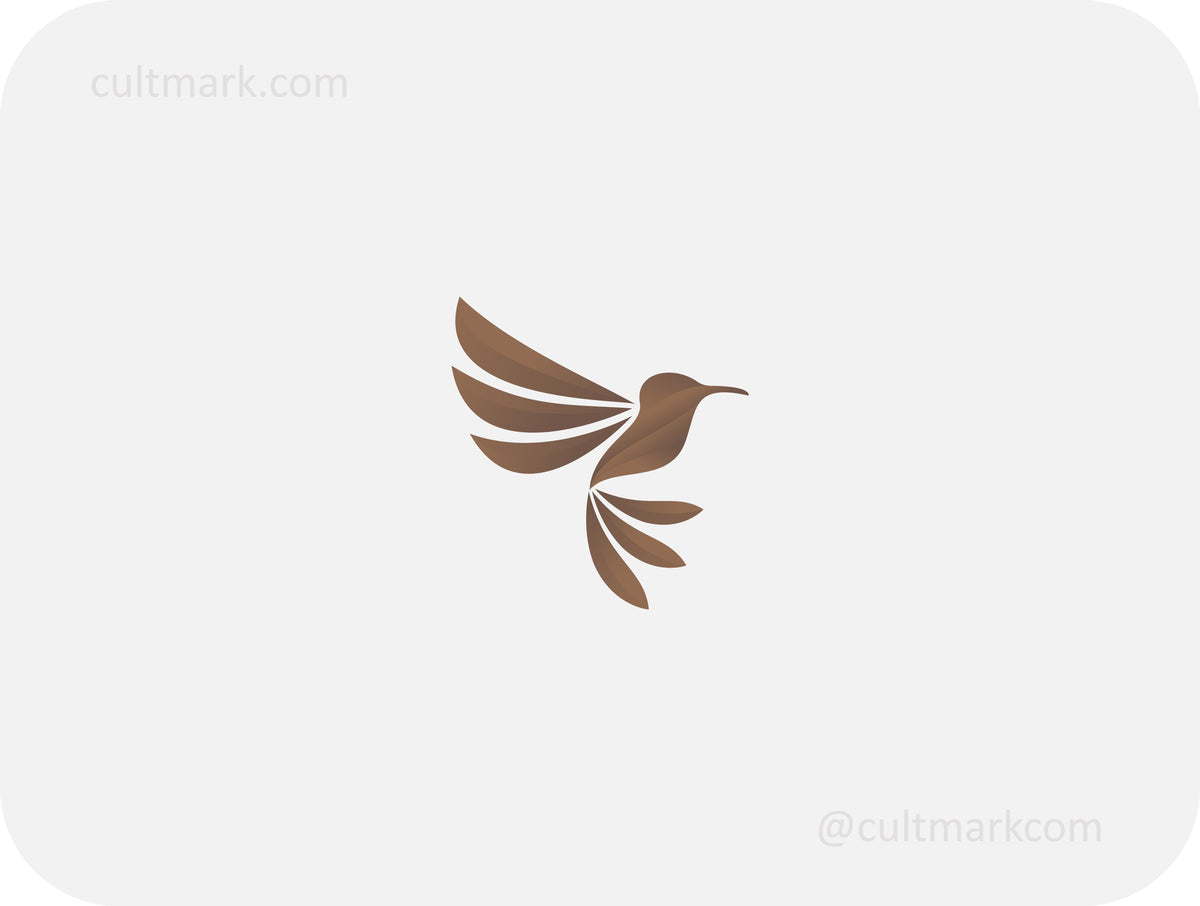 Cultmark Golden Hummingbird logo design, minimalist brown gradient bird symbol for eco-hotel, organic cosmetics or natural skincare brands on light background.