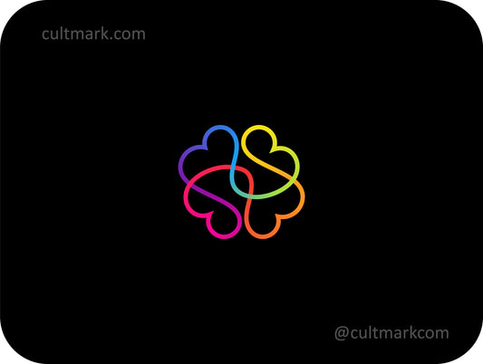 Cultmark Brain Flower logo design, colorful abstract line art symbol for psychology, neurology, or creative education business identity on black background.