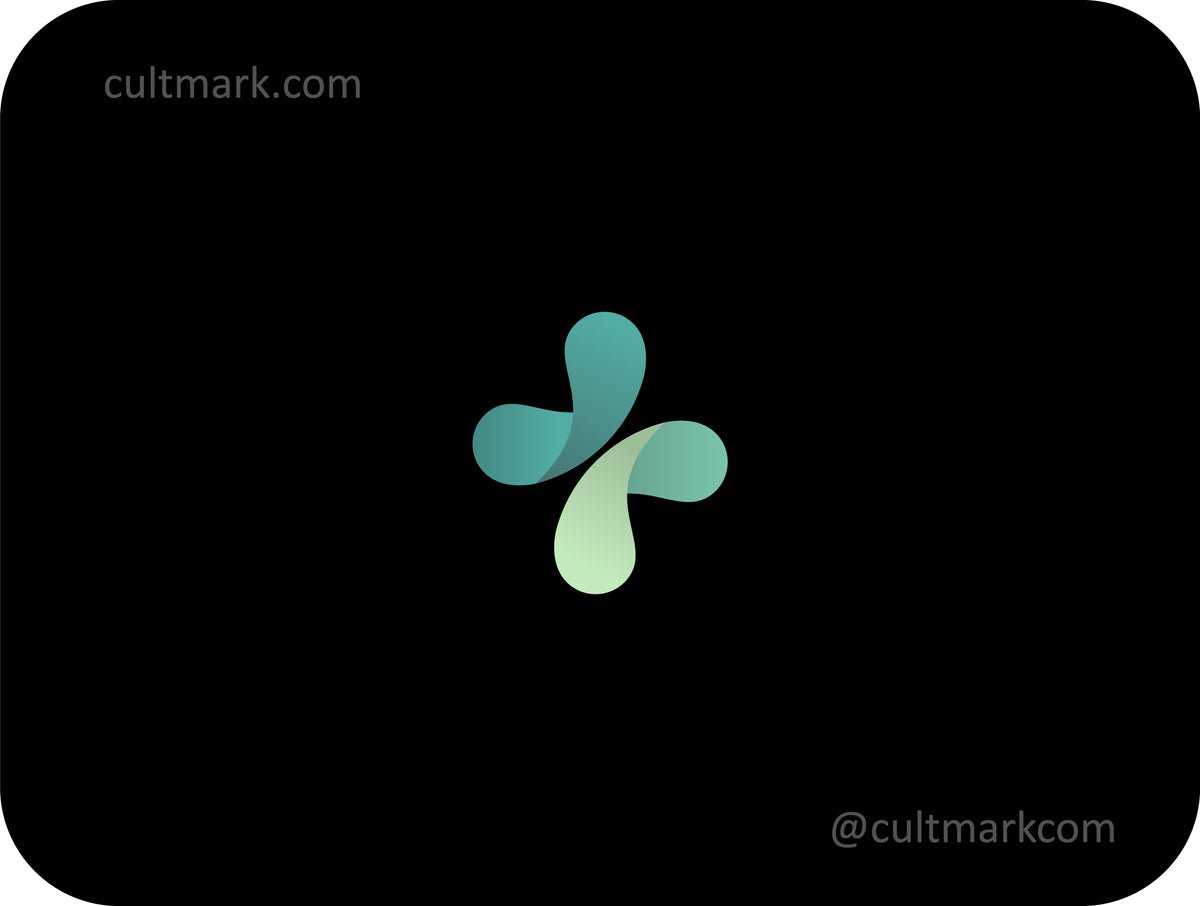 Cultmark Medical Butterfly Cross logo design, minimalist green gradient butterfly and medical cross symbol for pharmacy or healthcare business identity on black background.
