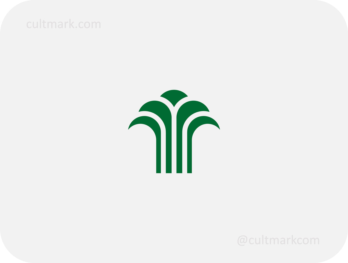 Cultmark Palm Tree logo design, minimalist green tree symbol for luxury eco-resort, professional landscaping, or sustainable architecture business identity on light background.