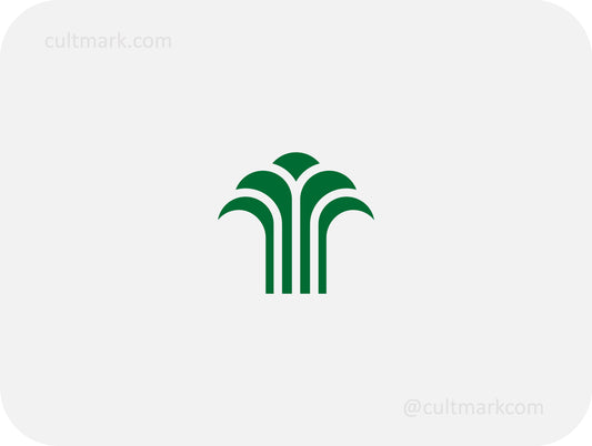 Cultmark Palm Tree logo design, minimalist green tree symbol for luxury eco-resort, professional landscaping, or sustainable architecture business identity on light background.