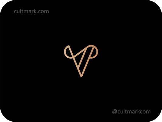 Cultmark Letter V luxury monogram design, minimalist gold elegant alphabet symbol for premium fashion or jewelry business identity on black background.