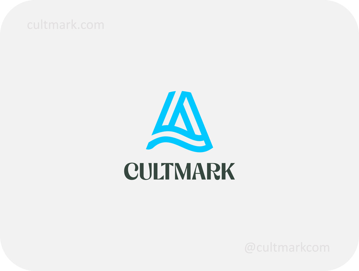 Cultmark Geometric Wave Letter A logo design, minimalist blue abstract symbol for tech, sports, or creative business identity on light background.