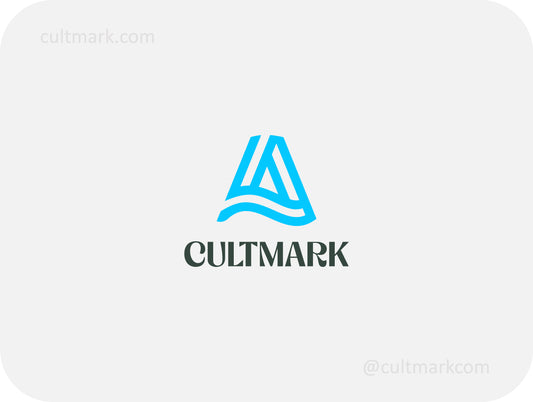 Cultmark Geometric Wave Letter A logo design, minimalist blue abstract symbol for tech, sports, or creative business identity on light background.