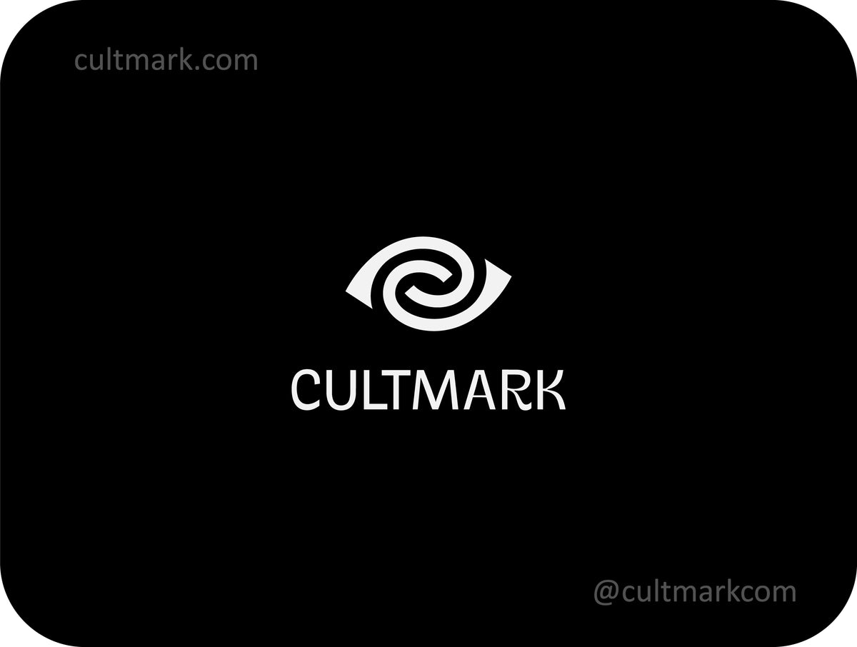 Cultmark Vision Vortex Eye logo, minimalist spiral eye symbol for creative, digital media, psychological, or tech business identity on black background.