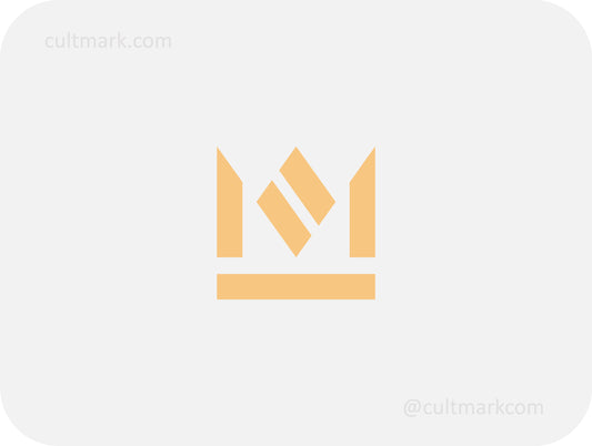Cultmark minimalist geometric crown logo design featuring a stylized letter M in gold, ideal for luxury branding and premium corporate identity.