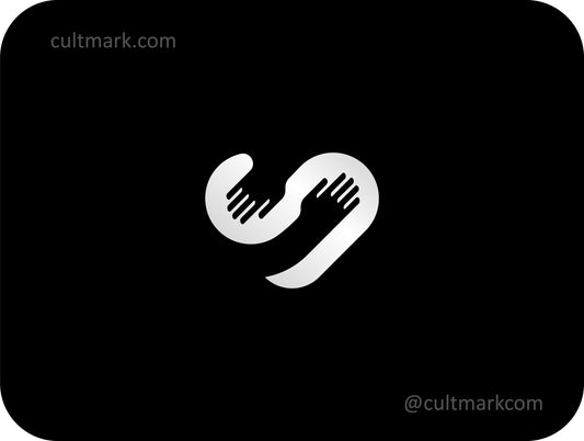 Cultmark minimalist heart logo design with two hands embracing, symbolic icon for charity, healthcare, and community support branding.