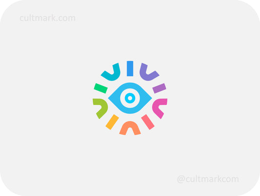 Cultmark abstract colorful sun eye logo with a central blue eye and multi-colored rays, creative vision icon for modern branding and digital agencies.